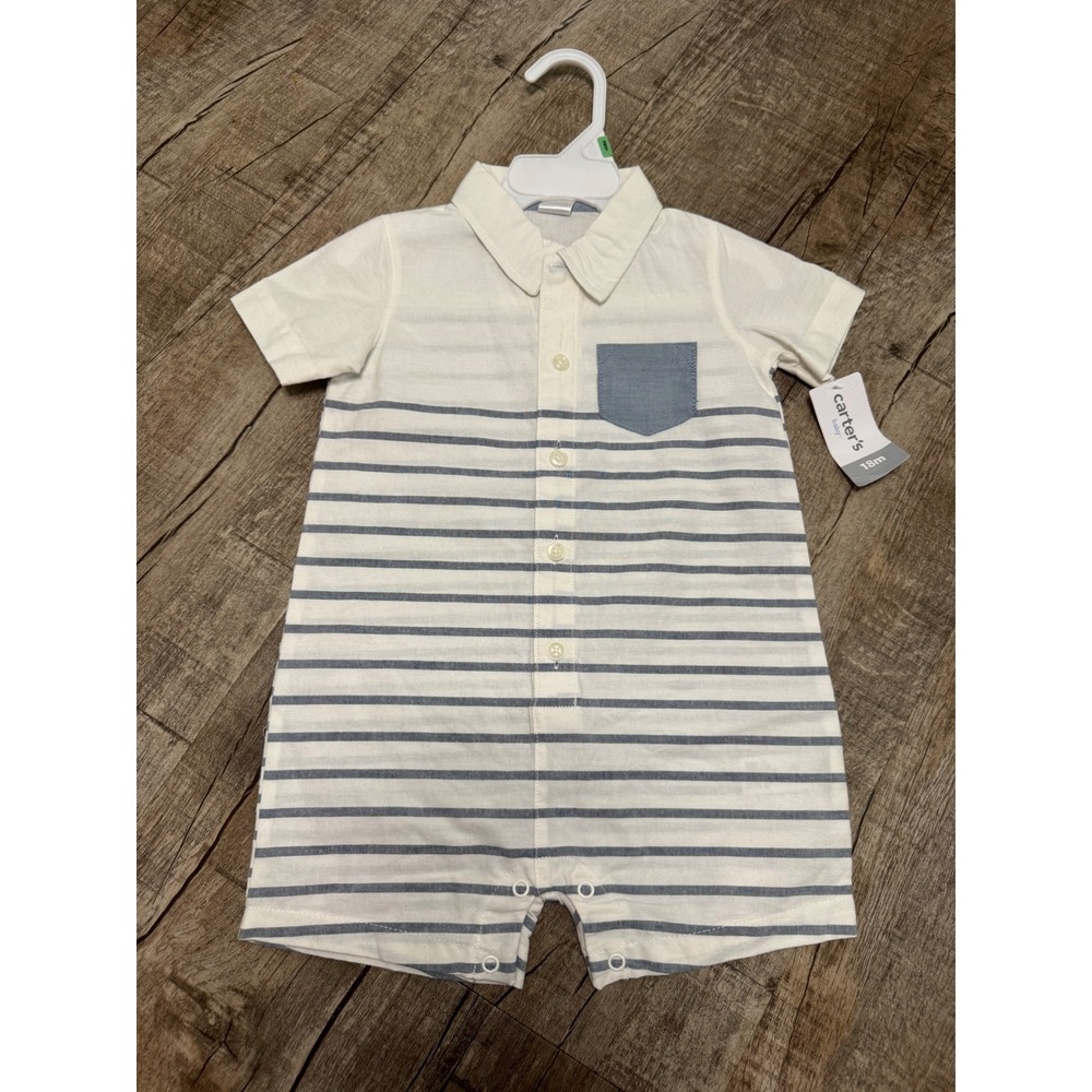 Carter's Baby Boy Striped Romper White Blue 18 Months Short Sleeve Button Front